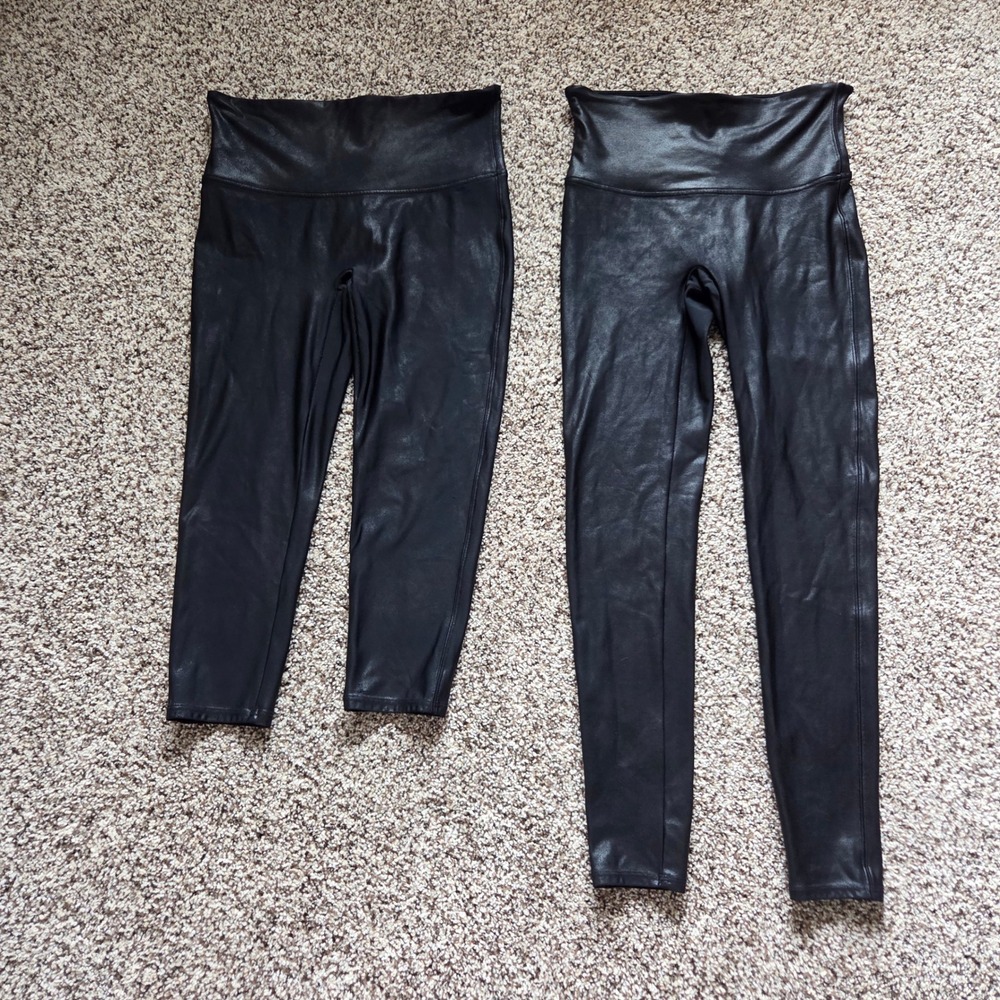 Spanx Faux Leather Leggings Bundle Black High Waist Size L 2 Pairs Crop Full - Picture 1 of 7